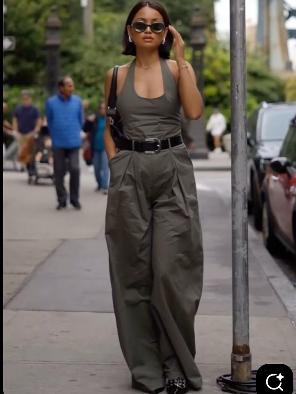 Zara Blogger Khaki Utility-Chic Halter Paper Bag Wide-Leg Cotton Gabardine XXL - Picture 4 of 15